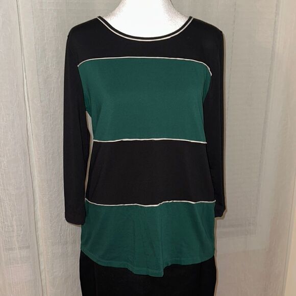 Ann Taylor L Black Winter Green White Crewneck Quarter Sleeve Cotton Blend Top - Picture 1 of 12